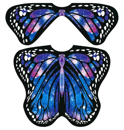 Halloween-Kostüme für Damen, Schmetterlings-Kostüme, Flügelumhang, Schal, 3 Stück, Dynamisches doppellagiges Sternenhimmelblau, 198CM*140CM von Sunlisky