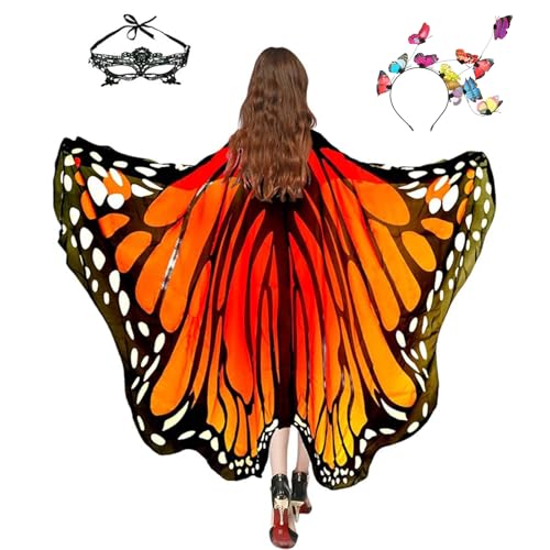 Halloween-Kostüme für Damen, Schmetterlings-Kostüme, Flügelumhang, Schal, 3-teilig, mit Spitzenmaske und schwarzem Samt-Antennen-Stirnband, Einlagiger Chiffon, Orange und Rot, 78*55in Halloween-Kostüme für Damen, Schmetterlings-Kostüme, Flügelumhang, Schal, 3-teilig, mit Spitzenmaske und schwarzem Samt-Antennen-Stirnband, Einlagiger Chiffon, Orange und Rot, 78*55in von Sunlisky