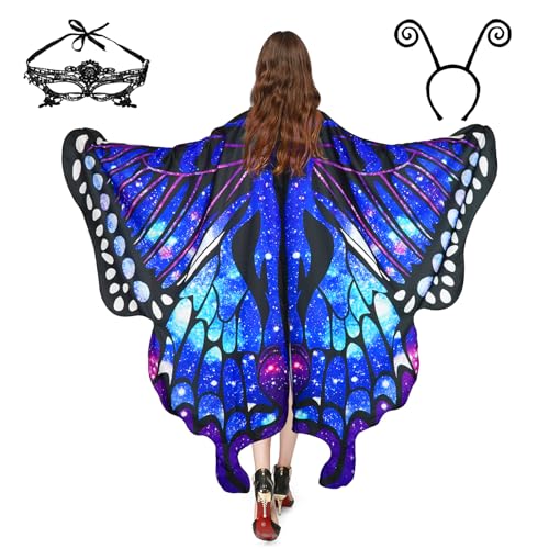 Halloween-Kostüme für Damen, Schmetterlings-Kostüme, Flügelumhang, Schal, 3-teilig, mit Spitzenmaske und schwarzem Samt-Antennen-Stirnband Halloween-Kostüme für Damen, Schmetterlings-Kostüme, Flügelumhang, Schal, 3-teilig, mit Spitzenmaske und schwarzem Samt-Antennen-Stirnband von Sunlisky