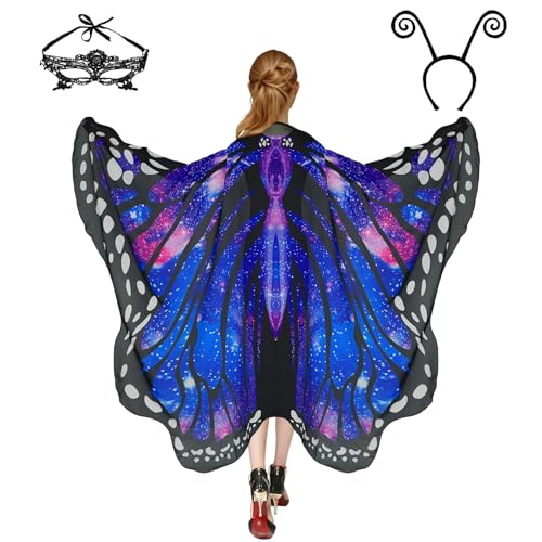 Halloween-Kostüme für Damen, Schmetterlings-Kostüme, Flügelumhang, Schal, 3-teilig, mit Spitzenmaske und schwarzem Samt-Antennen-Stirnband von Sunlisky