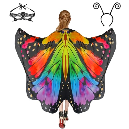 Halloween-Kostüme für Damen, Schmetterlings-Kostüme, Flügelumhang, Schal, 3-teilig, mit Spitzenmaske und schwarzem Samt-Antennen-Stirnband Halloween-Kostüme für Damen, Schmetterlings-Kostüme, Flügelumhang, Schal, 3-teilig, mit Spitzenmaske und schwarzem Samt-Antennen-Stirnband von Sunlisky