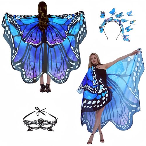 Halloween-Kostüme für Damen, Schmetterlings-Kostüme, Flügelumhang, Schal, 3-teilig, mit Spitzenmaske und schwarzem Samt-Antennen-Stirnband von Sunlisky