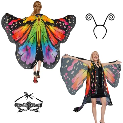 Halloween-Kostüme für Damen, Schmetterlings-Kostüme, Flügelumhang, Schal, 3-teilig, mit Spitzenmaske und schwarzem Samt-Antennen-Stirnband von Sunlisky