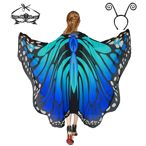 Halloween-Kostüme für Damen, Schmetterlings-Kostüme, Flügelumhang, Schal, 3-teilig, mit Spitzenmaske und schwarzem Samt-Antennen-Stirnband Halloween-Kostüme für Damen, Schmetterlings-Kostüme, Flügelumhang, Schal, 3-teilig, mit Spitzenmaske und schwarzem Samt-Antennen-Stirnband von Sunlisky