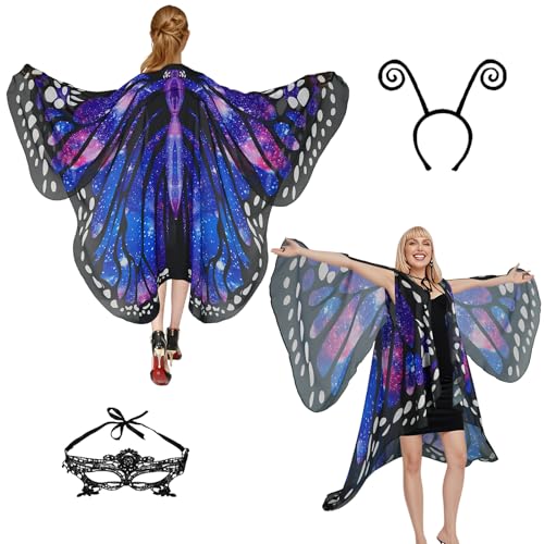Halloween-Kostüme für Damen, Schmetterlings-Kostüme, Flügelumhang, Schal, 3-teilig, mit Spitzenmaske und schwarzem Samt-Antennen-Stirnband Halloween-Kostüme für Damen, Schmetterlings-Kostüme, Flügelumhang, Schal, 3-teilig, mit Spitzenmaske und schwarzem Samt-Antennen-Stirnband von Sunlisky