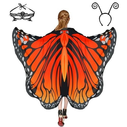 Halloween-Kostüme für Damen, Schmetterlings-Kostüme, Flügelumhang, Schal, 3-teilig, mit Spitzenmaske und schwarzem Samt-Antennen-Stirnband Halloween-Kostüme für Damen, Schmetterlings-Kostüme, Flügelumhang, Schal, 3-teilig, mit Spitzenmaske und schwarzem Samt-Antennen-Stirnband von Sunlisky