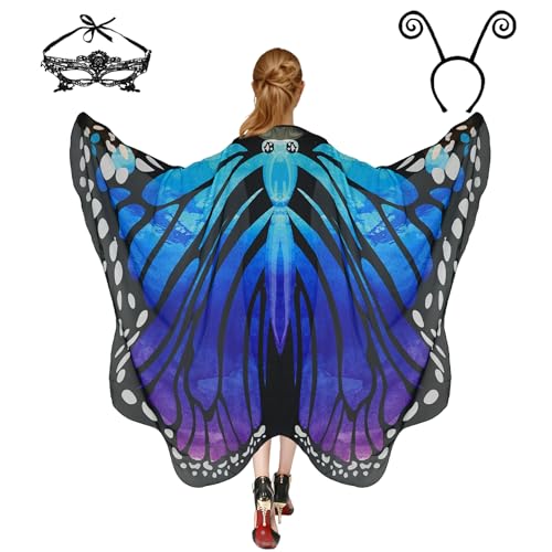 Halloween-Kostüme für Damen, Schmetterlings-Kostüme, Flügelumhang, Schal, 3-teilig, mit Spitzenmaske und schwarzem Samt-Antennen-Stirnband von Sunlisky