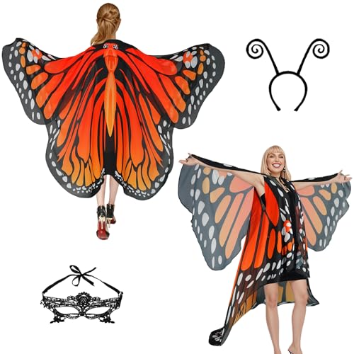 Halloween-Kostüme für Damen, Schmetterlings-Kostüme, Flügelumhang, Schal, 3-teilig, mit Spitzenmaske und schwarzem Samt-Antennen-Stirnband von Sunlisky