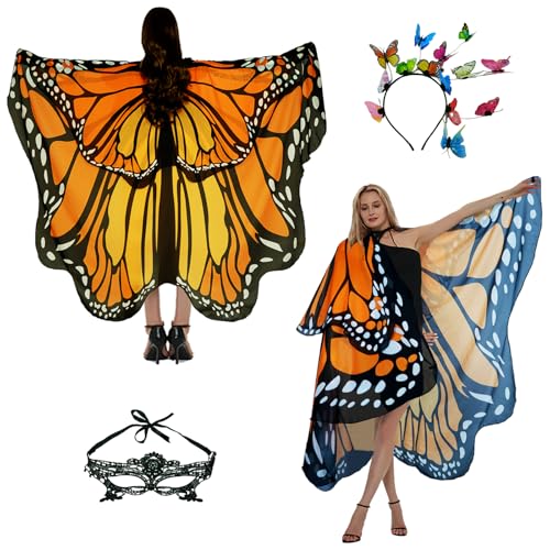 Halloween-Kostüme für Damen, Schmetterlings-Kostüme, Flügelumhang, Schal, 3-teilig, mit Spitzenmaske und schwarzem Samt-Antennen-Stirnband von Sunlisky