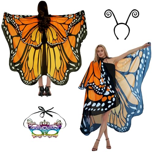 Schmetterling Kostüm Damen Flügel Schmetterlingsflügel Erwachsene Zweistufiges Faschingskostüme Damen Umhang Verkleidung Schmetterlings Kostüm Zubehör 3Set Gesichtsmaske Fühler Schmetterling Haarreif von Sunlisky