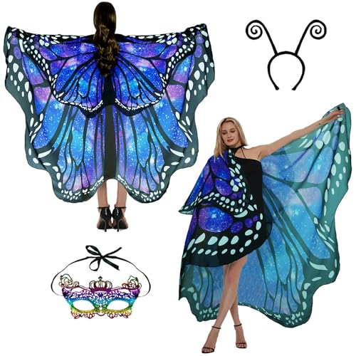 Sunlisky Schmetterling Damen Flügel Schmetterlingsflügel Erwachsene Zweistufiges Faschingskostüme Damen Umhang Verkleidung Schmetterlings Zubehör 3Set Gesichtsmaske Fühler Schmetterling Haarreif von Sunlisky
