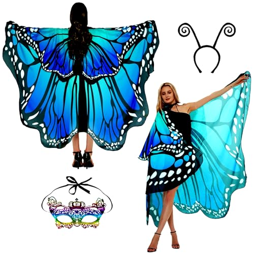 Schmetterling Kostüm Damen Flügel Schmetterlingsflügel Erwachsene Zweistufiges Faschingskostüme Damen Umhang Verkleidung Schmetterlings Kostüm Zubehör 3Set Gesichtsmaske Fühler Schmetterling Haarreif von Sunlisky