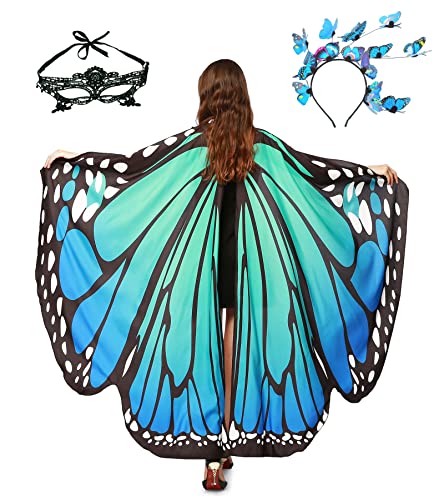 Schmetterling Kostüm Damen Flügel Schmetterlingsflügel Erwachsene Mädchen Faschingskostüme Damen Umhang Verkleidung Schmetterlings Kostüm Zubehör 3 Set mit Schmetterling Haarreif Gesichtsmaske von Sunlisky