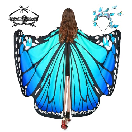 Sunlisky Schmetterling Damen Flügel Schmetterlingsflügel Erwachsene Mädchen Faschingskostüme Damen Umhang Verkleidung Schmetterlings Zubehör 3 Set mit Schmetterling Haarreif Gesichtsmaske von Sunlisky