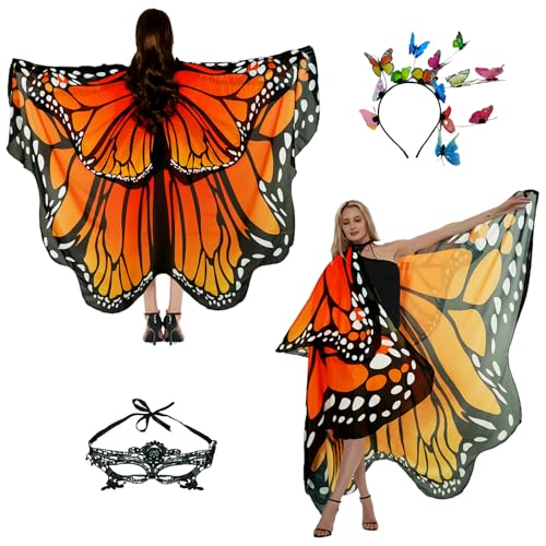 Schmetterling Kostüm Damen Schmetterlingsflügel Erwachsene Zweistufiges Karneval kostüm damen schmetterling Umhang Verkleidung Schmetterlings Kostüm Zubehör 3Set Schmetterling Haarreif Gesichtsmaske von Sunlisky