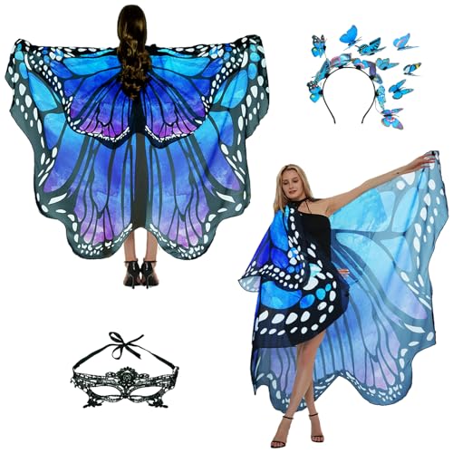 Schmetterling Kostüm Damen Schmetterlingsflügel Erwachsene Zweistufiges Karneval kostüm Damen Schmetterling Umhang Verkleidung Schmetterlings Kostüm Zubehör 3Set Schmetterling Haarreif Gesichtsmaske von Sunlisky