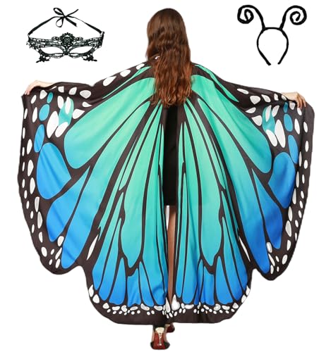 Schmetterling Kostüm Damen Flügel Schmetterlingsflügel Erwachsene Mädchen Faschingskostüme Damen Umhang Verkleidung Schmetterlings Kostüm Zubehör 3 Set mit Gesichtsmaske Fühler Schmetterling Haarreif von Sunlisky