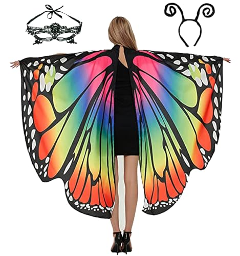 Schmetterlingsflügel mit Spitze, Maske und schwarzem Haarreifen mit Fühlern, für Erwachsene, Damen, Halloween-Kostüm von Sunlisky