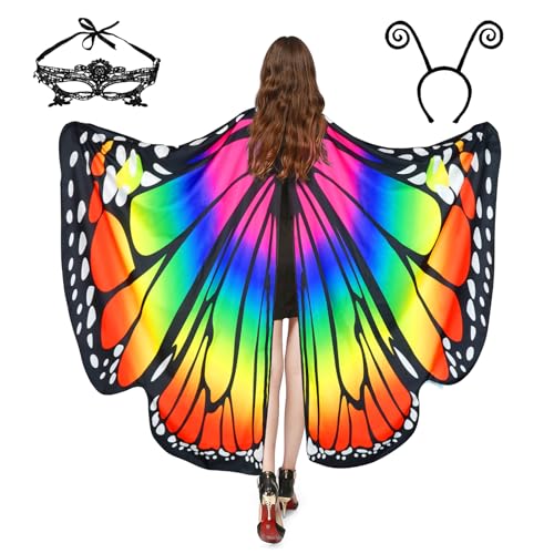 Schmetterling Kostüm Damen Flügel Schmetterlingsflügel Erwachsene Mädchen Faschingskostüme Damen Umhang Verkleidung Schmetterlings Kostüm Zubehör 3 Set mit Gesichtsmaske Fühler Schmetterling Haarreif von Sunlisky