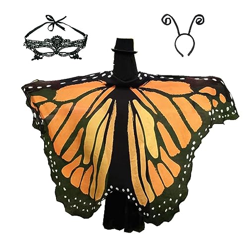 Sunlisky Schmetterling Kostüm Damen Flügel Schmetterlingsflügel Erwachsene Faschingskostüme Damen Umhang (Einlagiger Chiffon Orange) von Sunlisky