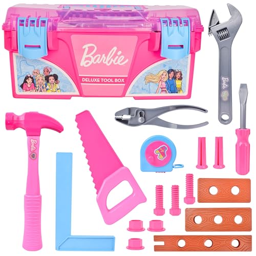 Barbie Werkzeugkasten Spielset - 18-teiliges Deluxe-Werkzeugset, Pretend Play Konstruktionswerkzeuge mit Maßband, Mädchen Rosa Werkzeugkasten mit Griff, Perfektes Vorschul-Rollenspiel-Spielzeug für von Sunny Days