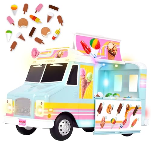Sunny Days Entertainment, LLC. Maxx Action Eiswagen mit 30,5 cm (12 Zoll), Lichter und Sound, inklusive 16 Teilen mit Miniaturfutter, fantasievolles Essens-Set für Mädchen und Jungen ab 3 Jahren von Sunny Days