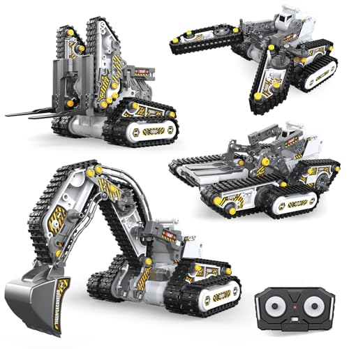 SunnyOcean 4-in-1 Baufahrzeug Bausatz mit 2.4GHz Fernbedienung, 176 Teile STEM Konstruktionsset für Bagger Planierraupe Kran, Kreatives Ingenieurspielzeug ab 8 Jahren von SunnyOcean