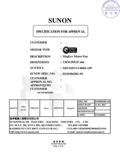 Sunon MFC0251V3-000U-A99 Axiallüfter 12 V/DC 127.5 m³/h (L x B x H) 120 x 120 x 25mm von Sunon