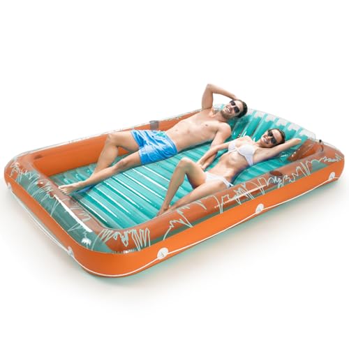 Sunrio Tanning Pool für Erwachsene, Orange, aufblasbarer Sonnenpool mit Kissenliege, Schwimmer, entworfen mit Getränkehaltern, Bräunungsliege für Pool, Strand, See, Hinterhof, Sonnenbaden, Größe XL von Sunrio