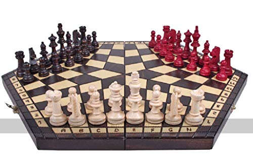 Large 3 Player Chess Set - 54cm hexagonal Board with Edge Numbers, Brown, White and red Pieces von Sunrise Chess and Games