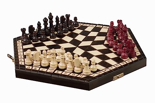 Small 3 Player Chess Set - 32cm Hexagonal Board Without Notation/Edge Numbers, Brown, White and Red Pieces von Sunrise Chess and Games