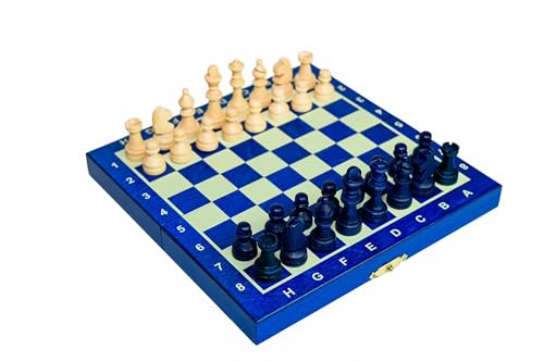 Magnetisches Holzschach Set Mini 20 cm – Blaues Brett – Klappbares Reiseschach mit Stauraum von Sunrise Chess & Games