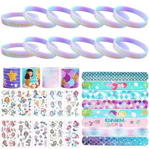 Sunshine smile 12Stk Meerjungfrau Leuchten Armbänder,10tlg Meerjungfrau Tattoos Set,12Stk Slap Armbänder,Bunte Schnapparmbänder,Meerjungfrau Party Favor Set,Geburtstag Geschenke Meerjungfrau Party von Sunshine smile