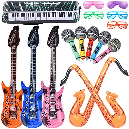 16 stück große größe buntes aufblasbare instrumente spielzeug,enthält: 3xaufblasbare gitarre(93cm),2×aufblasbares saxophon (70cm),5×aufblasbares mikrofon,5×shutter shading gläser,aufblasbare Tastatur von Sunshine smile