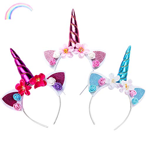 3 Stück Einhorn Stirnband Kinder,Einhorn Haarreif mit Ohren und Blumen,Einhorn Geburtstag Haarreif,Head Accessoires Party Dekoration,Einhorn Haarschmuck,Kopfschmuck Einhorn für Mädchen Geburtstag von Sunshine smile