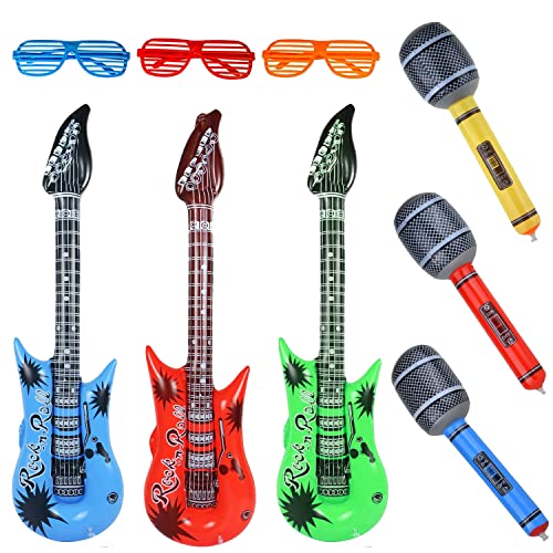 9 stück große größe buntes aufblasbare Instrumente Spielzeug,enthält: 3xaufblasbare Gitarre(93cm),3×aufblasbares mikrofon(25cm),3×Shutter Shading gläser von Sunshine smile