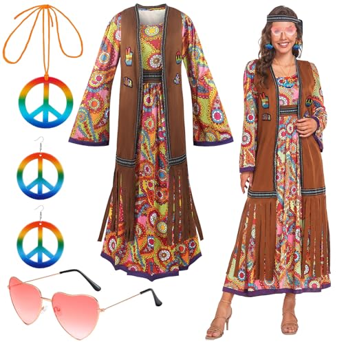 60er Jahre Kostüm Damen,Hippie Kostüm Damen,70er Jahre Bekleidung Damen,Hippie Kleidung Damen Kostüm,70er Disco Halloween Outfits,Hippie Damen Kleid Set,60er Jahre Bekleidung Accessoires von Sunshine smile