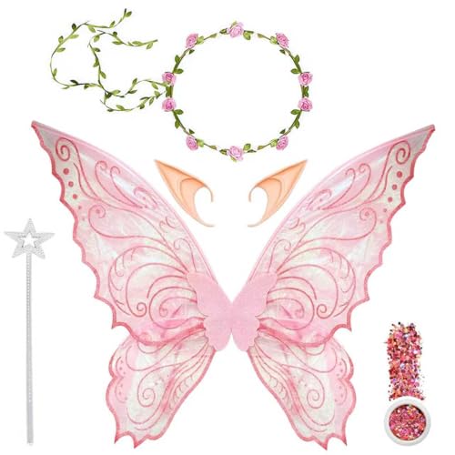 Feenflügel Erwachsene,Fee Stirnband and Sterne Feenstäbe,Elfenöhren,Glitzer Set Damen,Schmetterlingsflügel Damen,Feenflügel Kinder,Flügel Kostüm für Fasching Halloween oder Feen-Mottopartys von Sunshine smile
