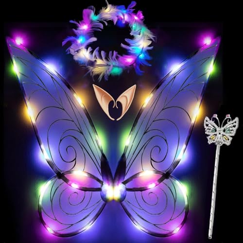 Feenflügel Leuchtend Erwachsene,LED Haarreif and Sterne Feenstäbe,Feenflügel Erwachsene,Elfenflügel Damen,Led Flügel Kinder,Schmetterlingsflügel Kinder,Mädchen Feenflügel Glitzernde Engelsflügel von Sunshine smile