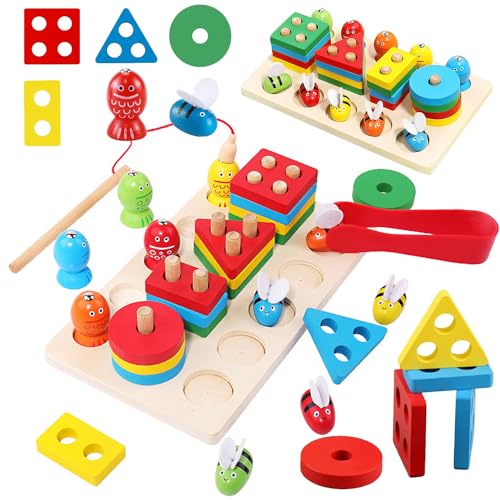 3-in-1 Holz Montessori Spielzeug,Holz Spielzeug ab 1 Jahr,Lernspielzeug Steckpuzzle,Holzspielzeug,Entwicklungsspielzeug,Babyspielzeug Holz,Montessori-Spiele, für Kleinkinder ab 1 2 3 Jahr von Sunshine smile