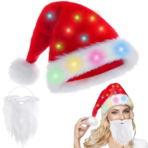 LED Plüsch-Weihnachtsmütze,Weihnachtsmütze mit Bart,Nikolausmütze mit leuchtendem,Farbe LED-Lichter Weihnachtsmütze,Weihnachtsmann Bart,Weihnachtsmann Accessoires für Erwachsene,Kinder,Weihnachten LED Plüsch-Weihnachtsmütze,Weihnachtsmütze mit Bart,Nikolausmütze mit leuchtendem,Farbe LED-Lichter Weihnachtsmütze,Weihnachtsmann Bart,Weihnachtsmann Accessoires für Erwachsene,Kinder,Weihnachten von Sunshine smile