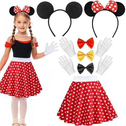 Mädchen Maus Mouse Kostüm,Rot Weiß Schwarz mit Rock Gepunktet,Maus Fliege Schleife,Maus Ohren Handschuhe,Haarreifen mit Maus Ohren,Mouse Cosplay Kostüm Accessoire,Kostüm für Fasching Karneval Party von Sunshine smile