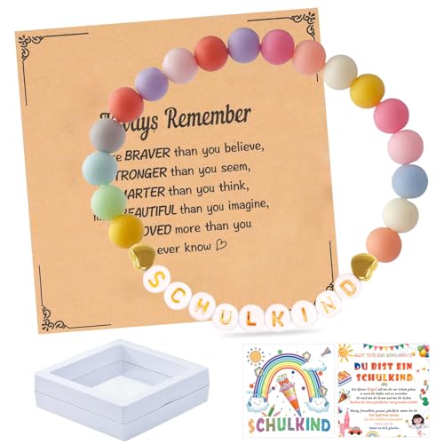 Schulkind Geschenk,Schönes Armband zur Einschulung,Geschenk Einschulung Mädchen Armband Schulkind,Einschulung Grußkarte Geschenkbox,Schulanfang Glücksbringer Stimmungsarmband für Kinder von Sunshine smile
