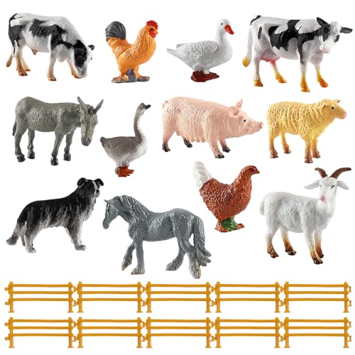 Sunshine smile 12pcs Bauernhof Tiere,Pferdezaun Spielzeug,Mini Tiere Figuren Set,Bauernhoftiere Set,Zaun Spielzeug,Tierfiguren Sammlung Bauernhof Spielzeug Set,– Kühe,Schweine,Hühner,Gänse von Sunshine smile