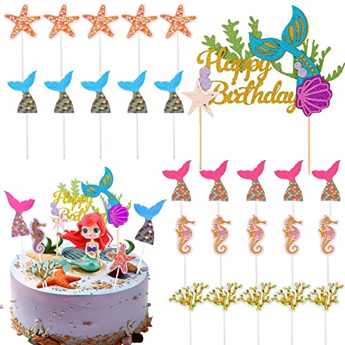 Sunshine smile 31 Stücke Meerjungfrau Tortendeko,Meerjungfrau Kuchen Topper,Geburtstag Torte Topper,Ocean Kuchendekoration,Happy Birthday tortenstecker,Kindergeburtstag Thema Party Dekoration von Sunshine smile