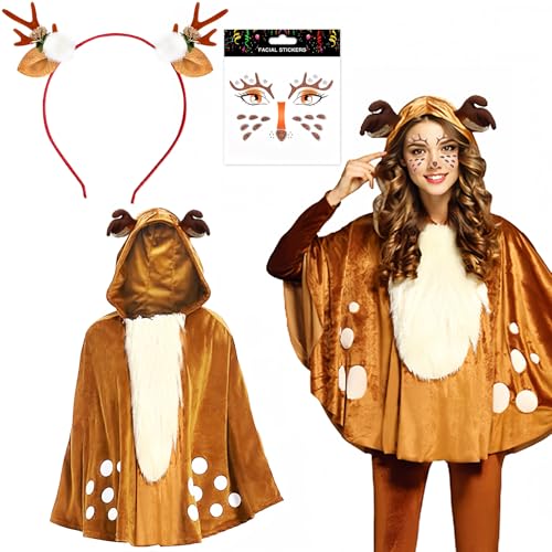 Sunshine Smile Damen Rentier Karneval Kostüm, Reh Bambi Cape mit Kapuze, Glitter Gesichtstattoo, Unisex, Damen, Kostüm, Karnevalskostüm, 4 Sunshine Smile Damen Rentier Karneval Kostüm, Reh Bambi Cape mit Kapuze, Glitter Gesichtstattoo, Unisex, Damen, Kostüm, Karnevalskostüm, 4 von Sunshine smile