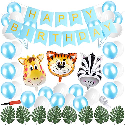 Sunshine smile Dschungel Kindergeburtstag Deko,Safari geburtstagsdeko Junge,Dschungel Geburtstag Party Deko,Happy Birthday Girlande,Folienballon Tiere,Luftballon Geburtstag,Palmblätter Deko von Sunshine smile