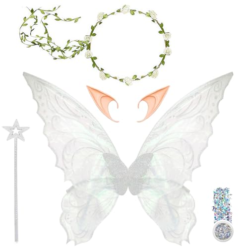 Sunshine smile Feenflügel Erwachsene,Fee Stirnband and Sterne Feenstäbe,Elfenöhren,Glitzer Set Damen,Schmetterlingsflügel Damen,Feenflügel Kinder,Flügel Kostüm für Fasching oder Feen-Mottopartys von Sunshine smile