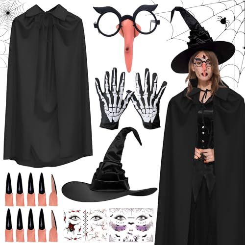 Sunshine smile Hexenkostüm Damen Halloween,Hexenumhang Hexenhut Damen,Unisex Umhang mit Kapuze, Hexen Silikon Nase,Hexehandschuhe,Hexennägel und Halloween Gesichtsaufkleber (A) von Sunshine smile