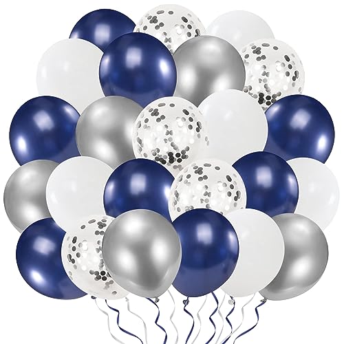 Luftballons Blau Weiß Silber, 50 Stück 12 Zoll Silber Metallic Luftballons, Helium Ballons, Latex Ballons, Konfetti Luftballons für Kinder Junge Geburtstag Babyparty Hochzeit Party Deko von Sunshine smile